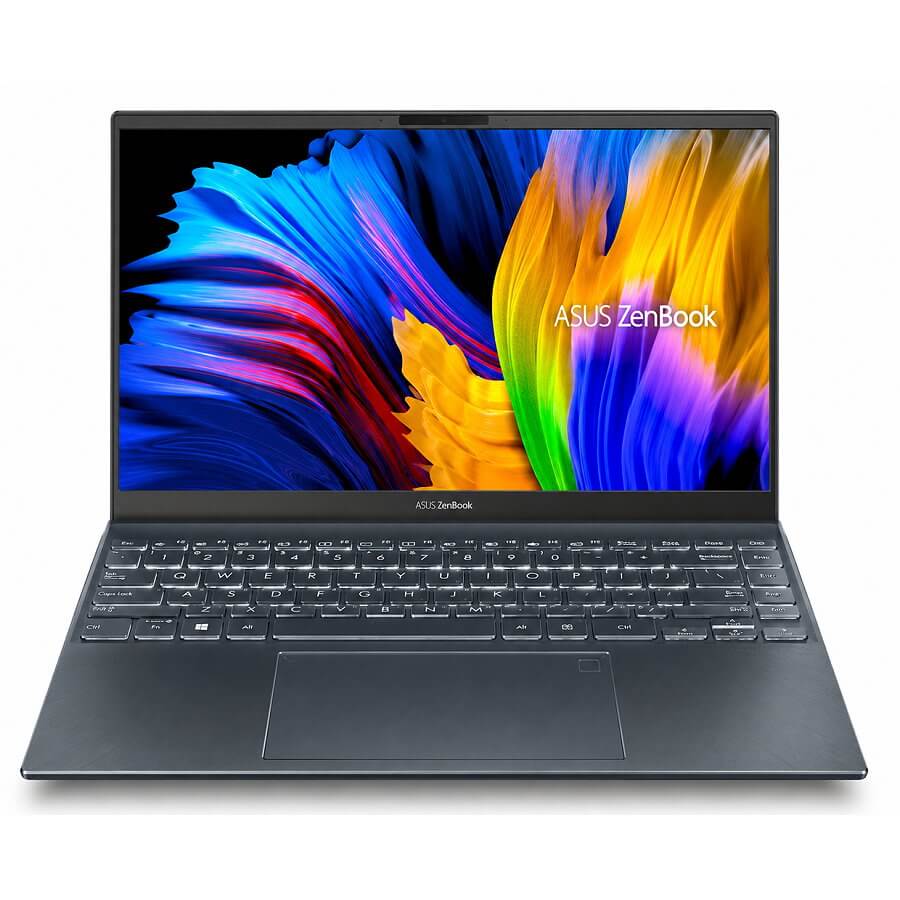 ASUS ZenBook UX425J 二手筆電正面展示,14 吋窄邊框螢幕、鐵灰色機身、背光鍵盤。