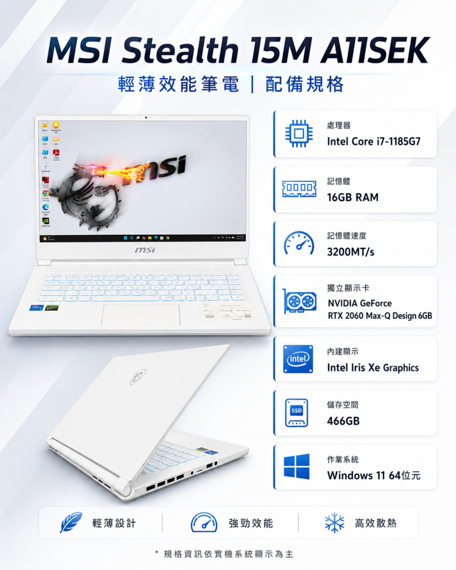 MSI Stealth 15M A11SEK 配備規格海報,搭載 i7-1185G7、16GB RAM、RTX 2060 Max-Q 6GB 與 500GB SSD
