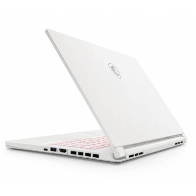 MSI Stealth 15M A11SEK 白色筆電右後側外觀與藍色背光鍵盤