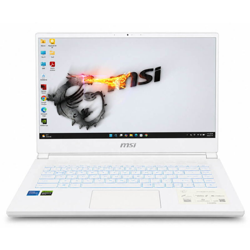 MSI Stealth 15M A11SEK 白色筆電正面螢幕與藍色背光鍵盤