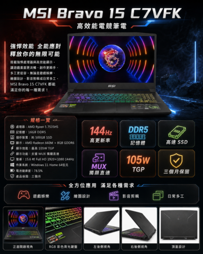 MSI Bravo 15 C7VFK R5-7535HS 16GB DDR5 500GB SSD 15.6吋 FHD 144Hz 電競筆電：圖片 7