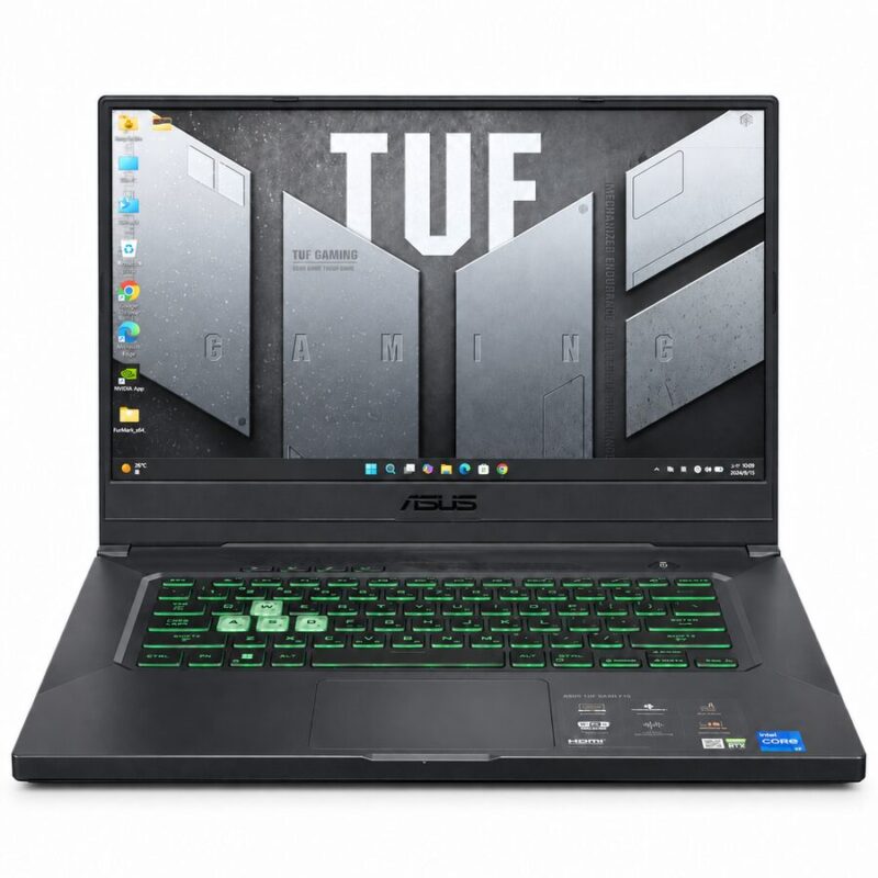 ASUS TUF Dash F15 FX516PM 二手電競筆電正面與綠色背光鍵盤