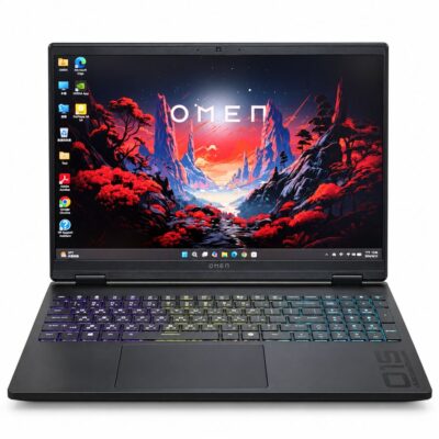 HP OMEN 15-ga0000 gaming laptop front view with RGB backlit keyboard