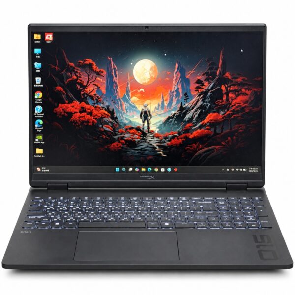 HP OMEN laptop with HyperX branding, front view showing screen and backlit keyboard