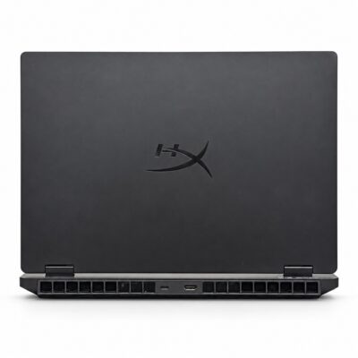 HP OMEN laptop rear view showing HyperX lid logo, cooling vents, USB-C and HDMI ports