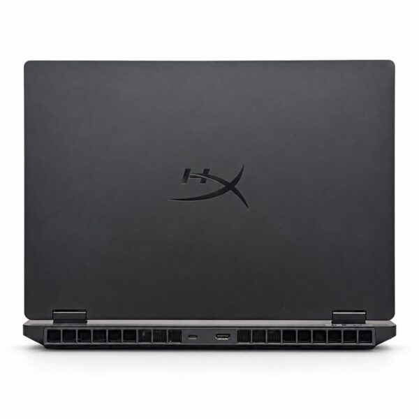 HP OMEN laptop rear view showing HyperX lid logo, cooling vents, USB-C and HDMI ports