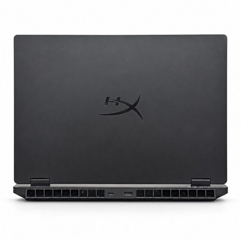 HP OMEN laptop rear view showing HyperX lid logo, cooling vents, USB-C and HDMI ports